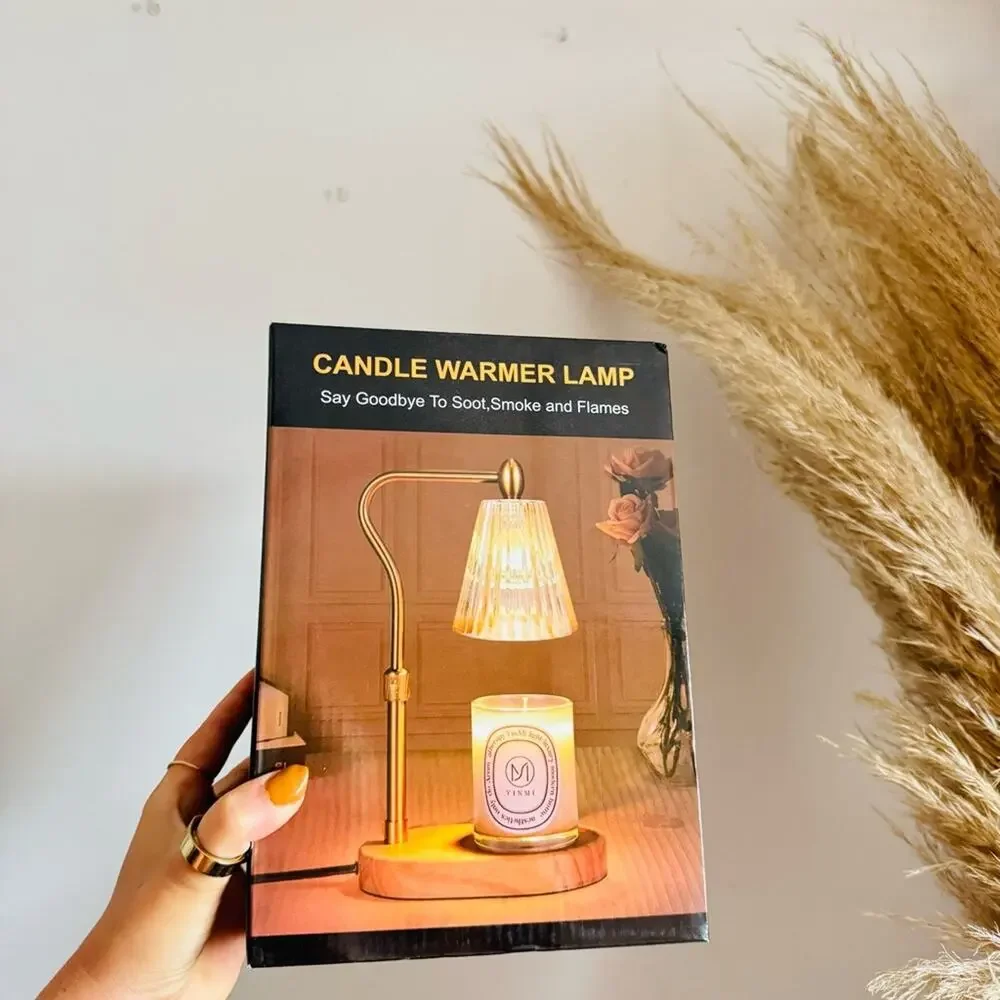 NEW Boxed White Glass Shade Gold Metal Arm Wood Stand Scented Candle Warmer Lamp
